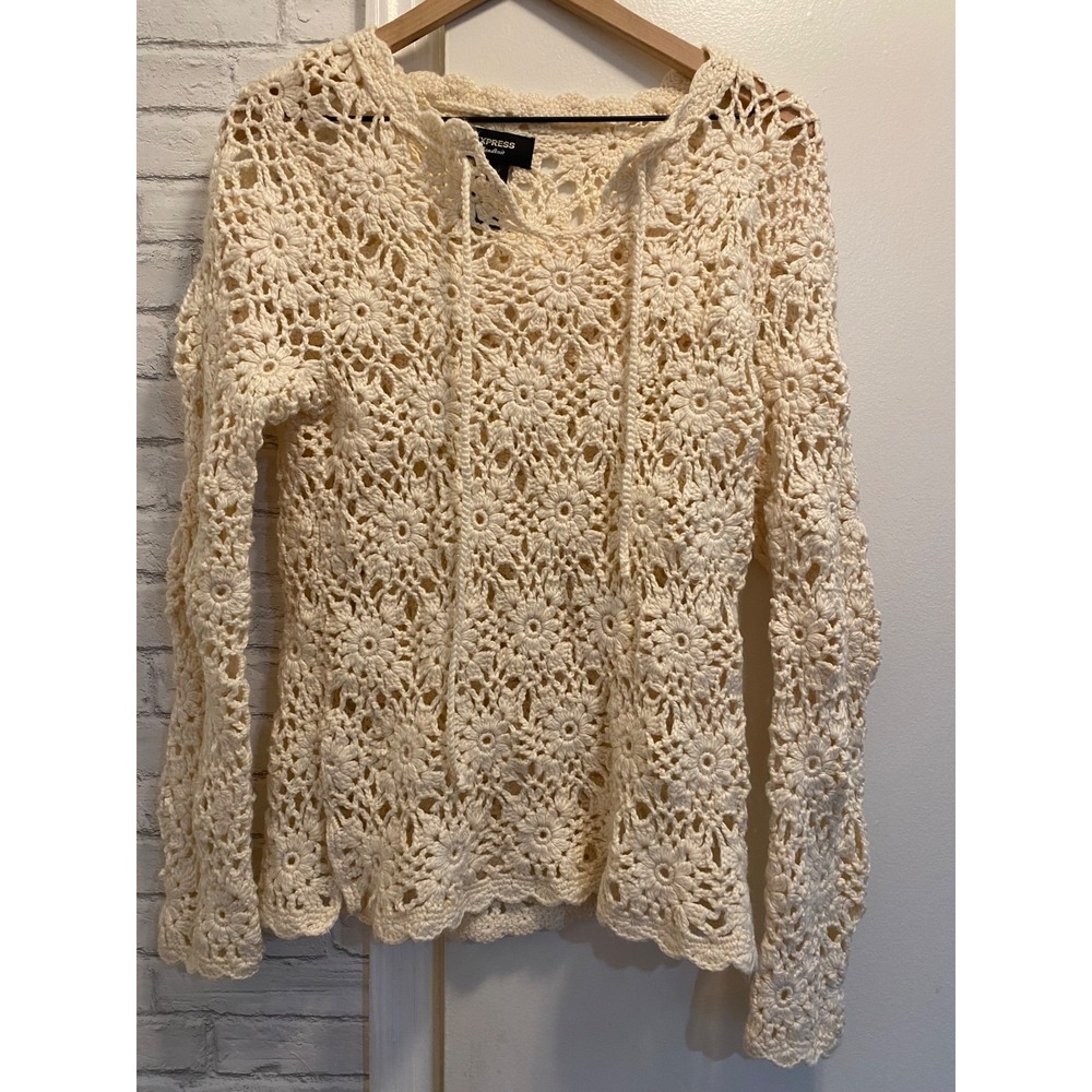 EXPRESS Handknit Crochet Floral Long Sleeve Sweater Top Large  White Cotton